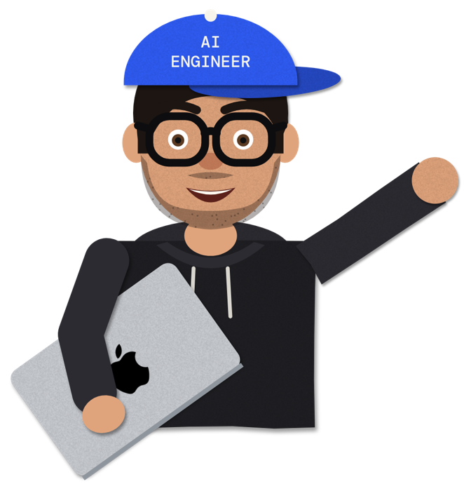 Hamdi as a cut-paper character in the AI Engineer cap, waving