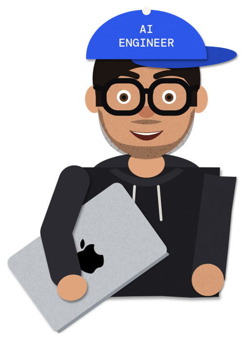 Hamdi as a cut-paper character in the blue AI Engineer cap, black hoodie, laptop under his arm