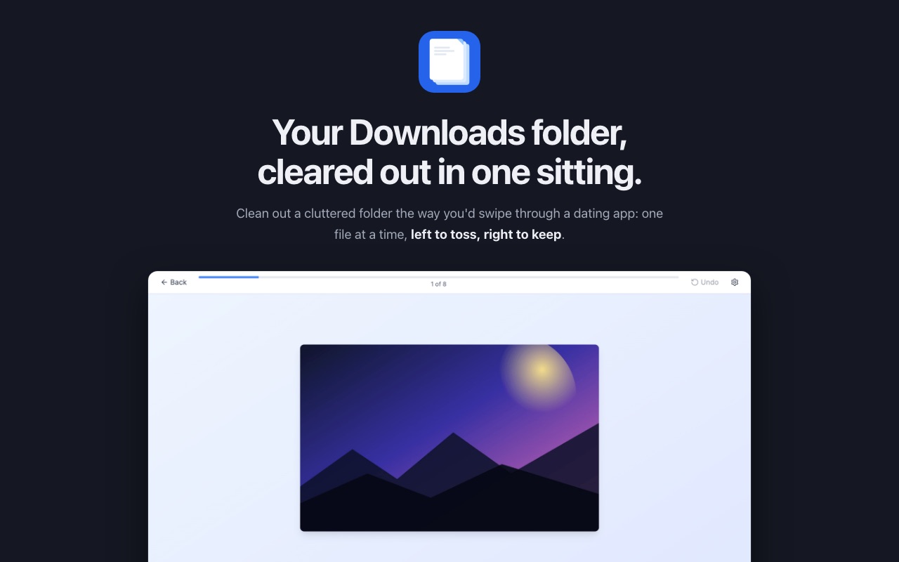 Screenshot of the QuickToss landing page: "Your Downloads folder, cleared out in one sitting."