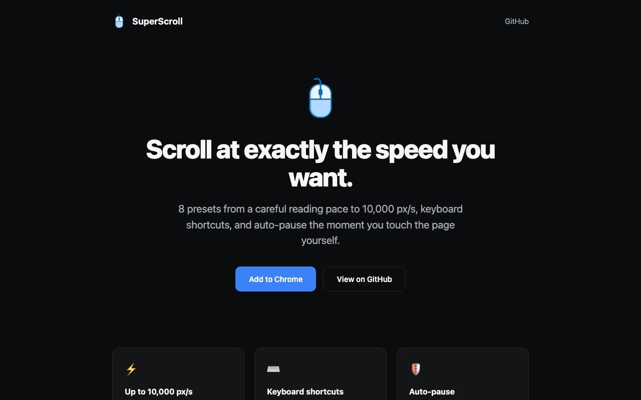 Screenshot of the SuperScroll landing page: "Scroll at exactly the speed you want."