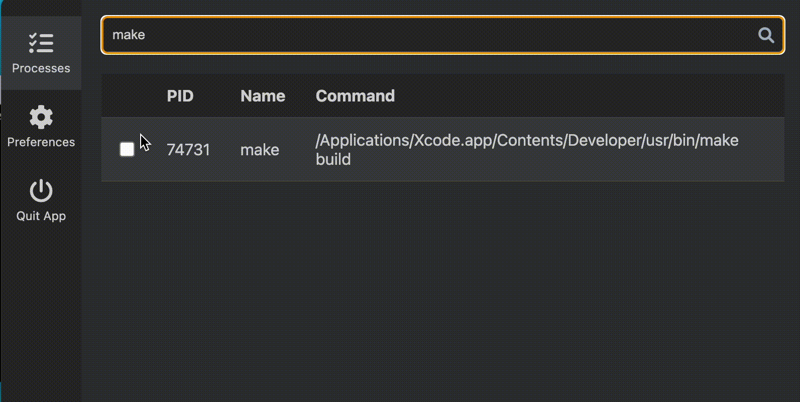The WatchMe window: a search box filtered to “make”, and one result — PID 74731, name make, command /Applications/Xcode.app/Contents/Developer/usr/bin/make build — with a checkbox to start watching it.